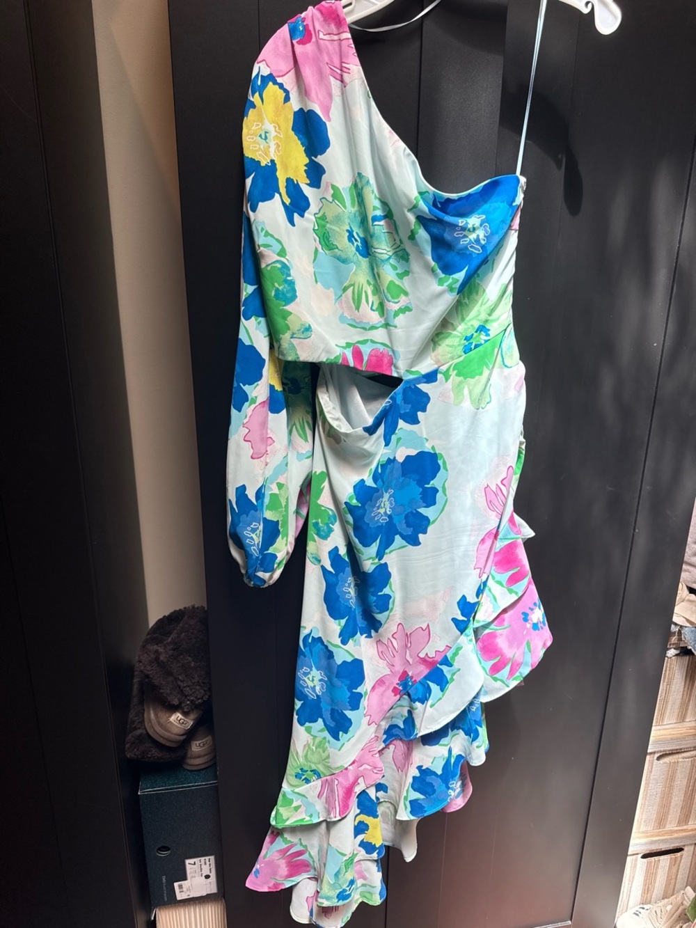 Floral One-Shoulder Ruffle Dress - Pink, Blue & Green